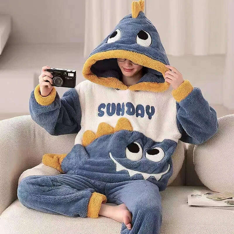 Cute Pajamas For Men Thick Plush Fleece Pajama Sets Winter Coral Velvet Warm Flannel Clothes Home Suit Male Sleepwear Пижама - KIMLUD