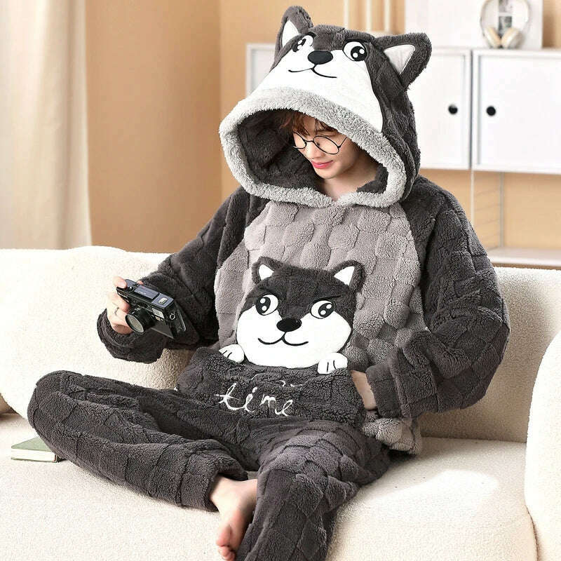 Cute Pajamas For Men Thick Plush Fleece Pajama Sets Winter Coral Velvet Warm Flannel Clothes Home Suit Male Sleepwear Пижама - KIMLUD