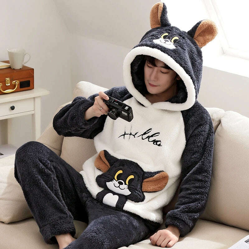 Cute Pajamas For Men Thick Plush Fleece Pajama Sets Winter Coral Velvet Warm Flannel Clothes Home Suit Male Sleepwear Пижама - KIMLUD