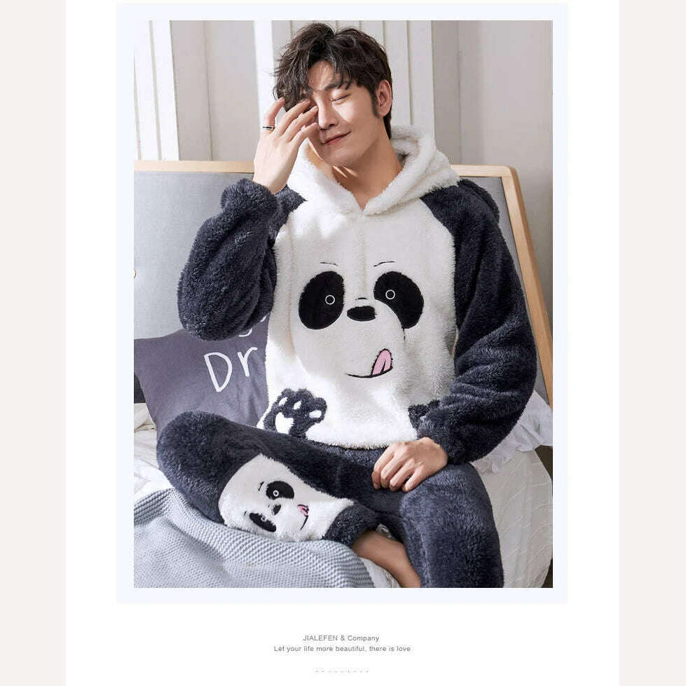 Cute Pajamas For Men Thick Plush Fleece Pajama Sets Winter Coral Velvet Warm Flannel Clothes Home Suit Male Sleepwear Пижама - KIMLUD