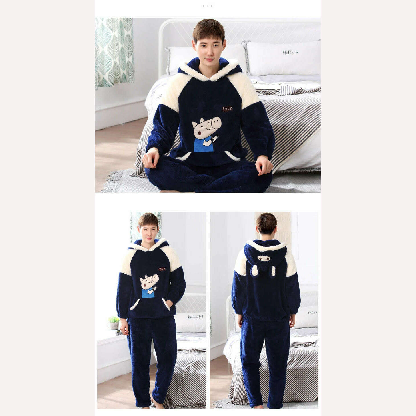 Cute Pajamas For Men Thick Plush Fleece Pajama Sets Winter Coral Velvet Warm Flannel Clothes Home Suit Male Sleepwear Пижама - KIMLUD