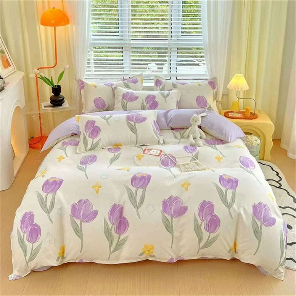 Cute Pink Strawberry Duvet Cover Flat Sheet Pillowcase Floral Bedding Set Girls Bed Linen Soft Thick Washed Cotton Bedclothes - KIMLUD