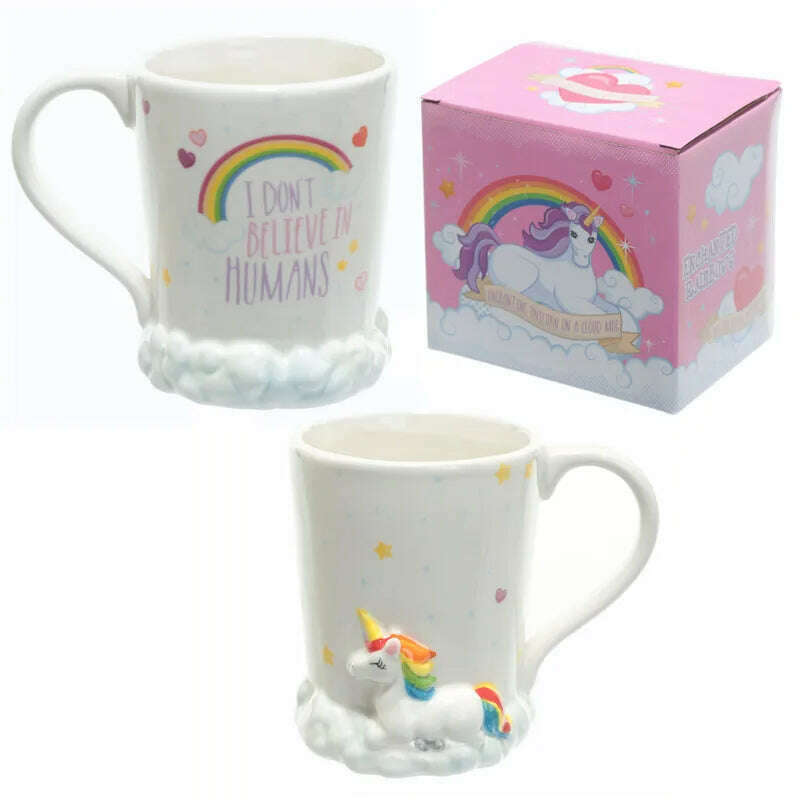 Cute Quirky Rainbow Clouds Unicorn Mug I Dont Believe In Humans Coffee Cup Magical Horse Tea Milk Mugs And Cups, KIMLUD Women's Clothes