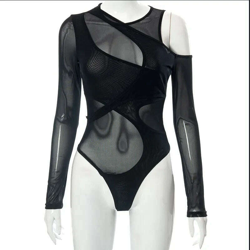 KIMLUD, CUTENOVA Sexy Transparent Bodysuits for Women Skinny Fashion Patchwork Basic One Piece Elegant Bodysuits Solid Overalls Clothes, Black / S, KIMLUD Women's Clothes