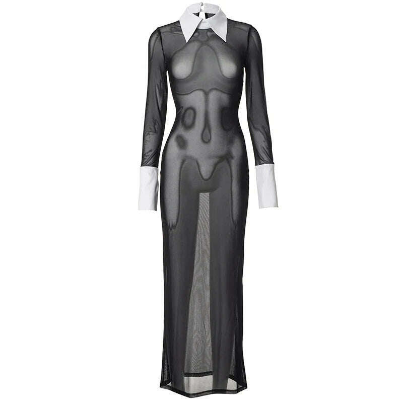KIMLUD, CUTENOVA Women 2024 Black Elegant Polo Neck Long Sleeve Splice Sheer Slim Dress Commute Daily Spring Casual Outfit Simple Dress, KIMLUD Women's Clothes
