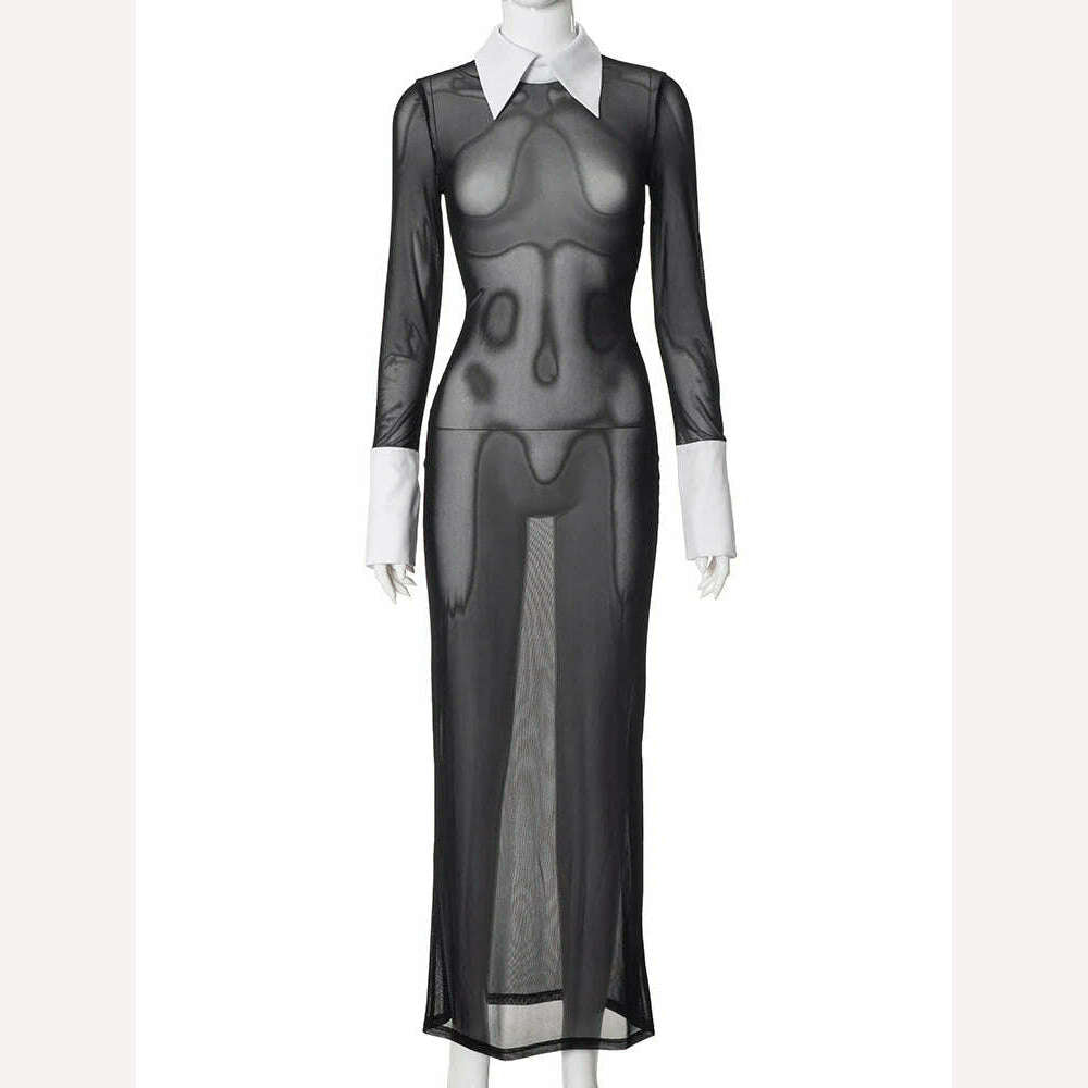 KIMLUD, CUTENOVA Women 2024 Black Elegant Polo Neck Long Sleeve Splice Sheer Slim Dress Commute Daily Spring Casual Outfit Simple Dress, black / L, KIMLUD Womens Clothes