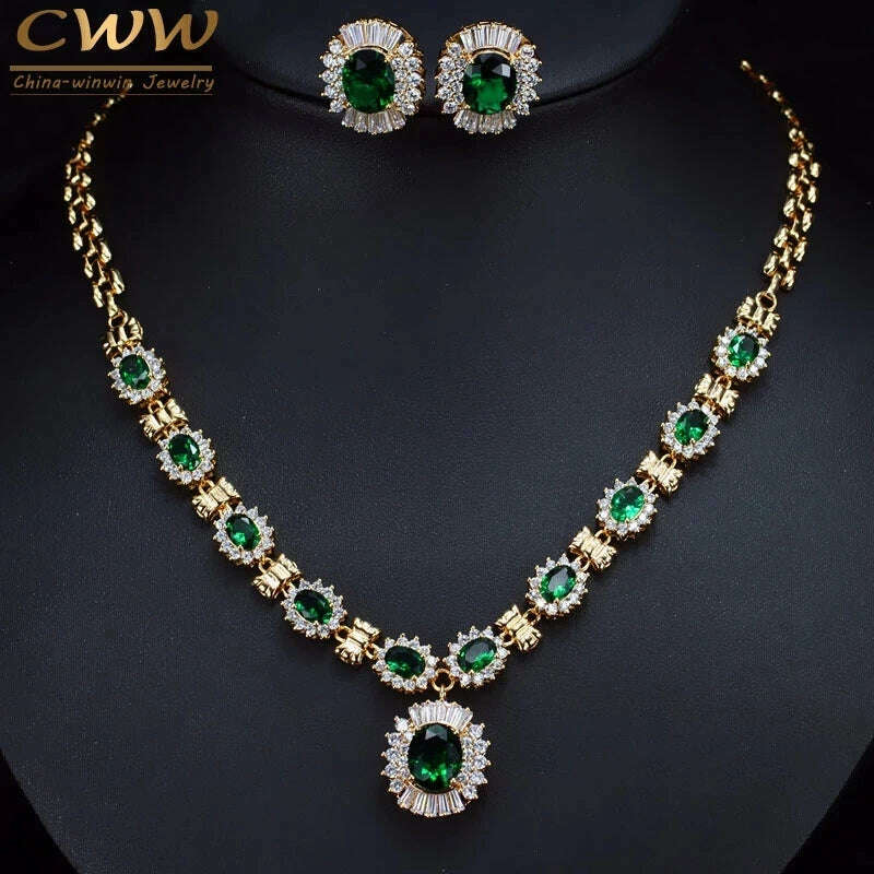 CWWZircons 6 Color Choice Green Cubic Zirconia Crystal Necklace and Earring Gold Color Indian Wedding Jewelry Set for Women T273 - KIMLUD