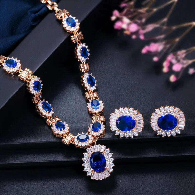 CWWZircons 6 Color Choice Green Cubic Zirconia Crystal Necklace and Earring Gold Color Indian Wedding Jewelry Set for Women T273 - KIMLUD