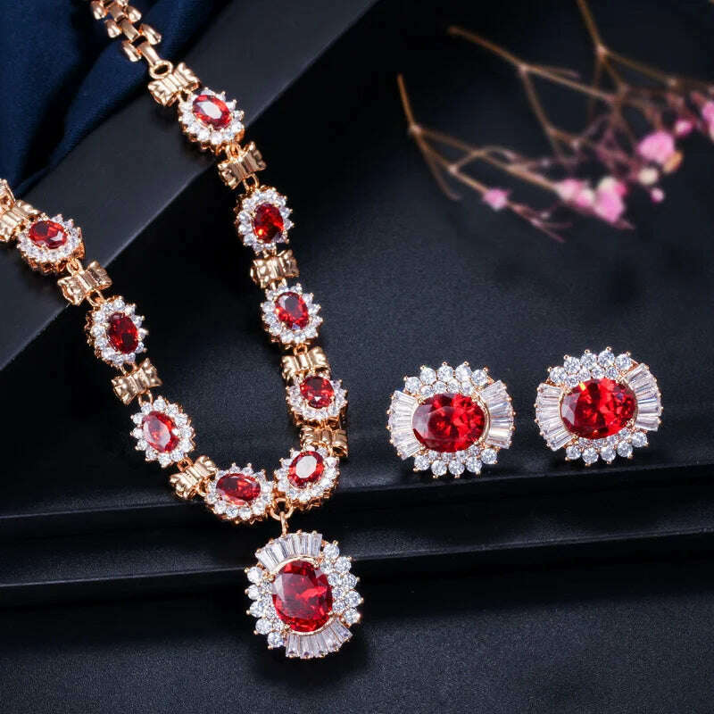 CWWZircons 6 Color Choice Green Cubic Zirconia Crystal Necklace and Earring Gold Color Indian Wedding Jewelry Set for Women T273 - KIMLUD