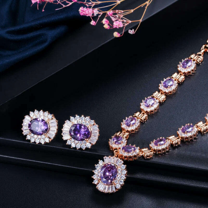 CWWZircons 6 Color Choice Green Cubic Zirconia Crystal Necklace and Earring Gold Color Indian Wedding Jewelry Set for Women T273 - KIMLUD