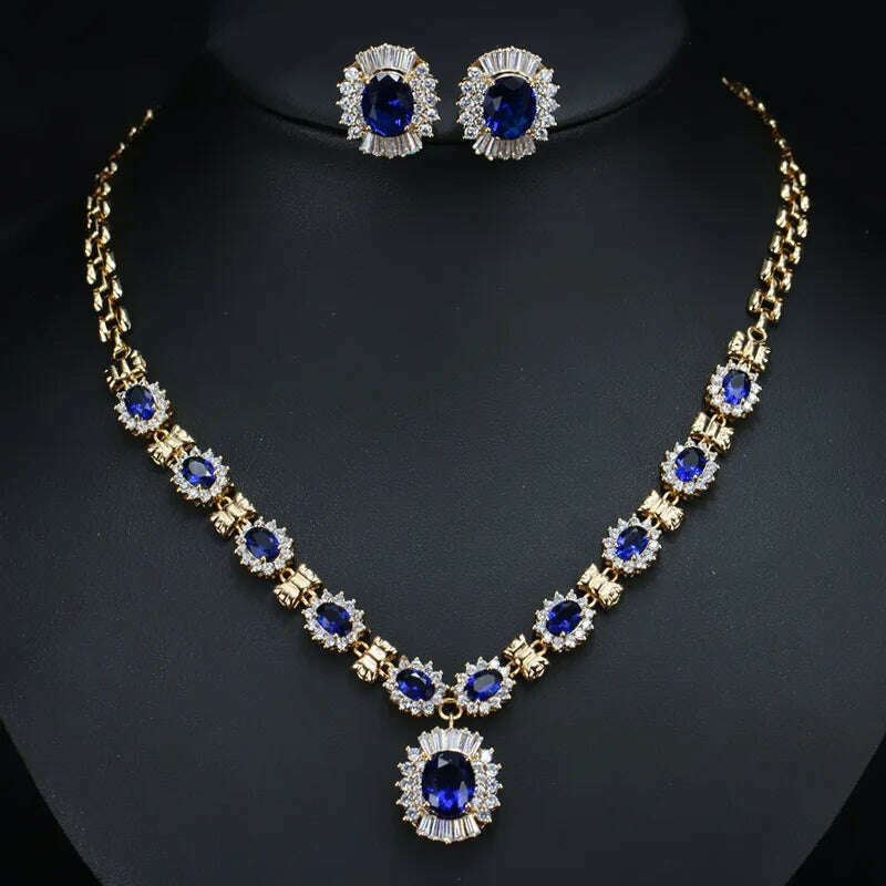 CWWZircons 6 Color Choice Green Cubic Zirconia Crystal Necklace and Earring Gold Color Indian Wedding Jewelry Set for Women T273 - KIMLUD