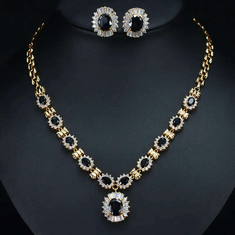 CWWZircons 6 Color Choice Green Cubic Zirconia Crystal Necklace and Earring Gold Color Indian Wedding Jewelry Set for Women T273 - KIMLUD