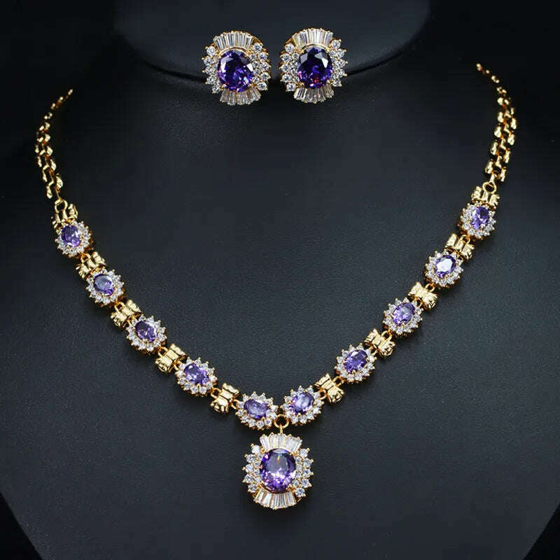 CWWZircons 6 Color Choice Green Cubic Zirconia Crystal Necklace and Earring Gold Color Indian Wedding Jewelry Set for Women T273 - KIMLUD