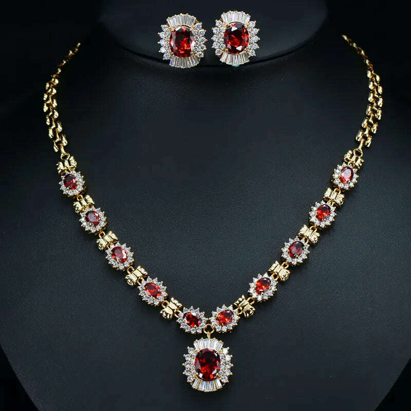 CWWZircons 6 Color Choice Green Cubic Zirconia Crystal Necklace and Earring Gold Color Indian Wedding Jewelry Set for Women T273 - KIMLUD
