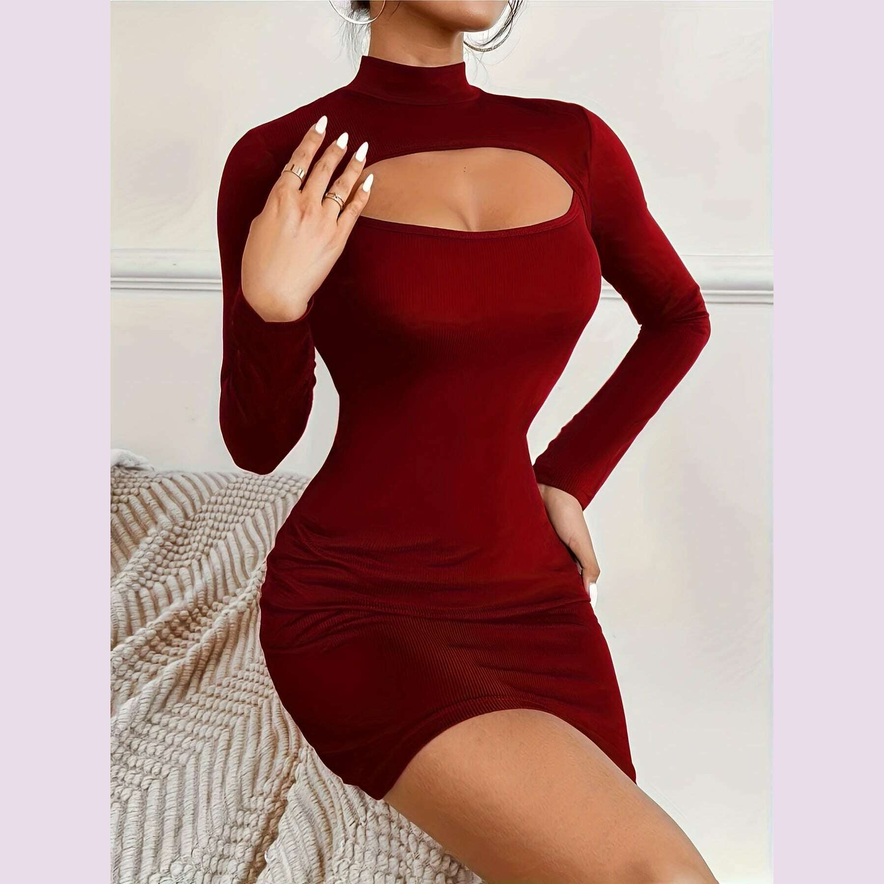 burgundy-bodycon-dress-stretchy-polyester-spandex-blend-womens-burgundy-high-neck-bodycon-dress-keyhole-cutouts-machine-washable-elegant-party-casual-dress-for-all-seasonskimlud-womens-fashion-34625924