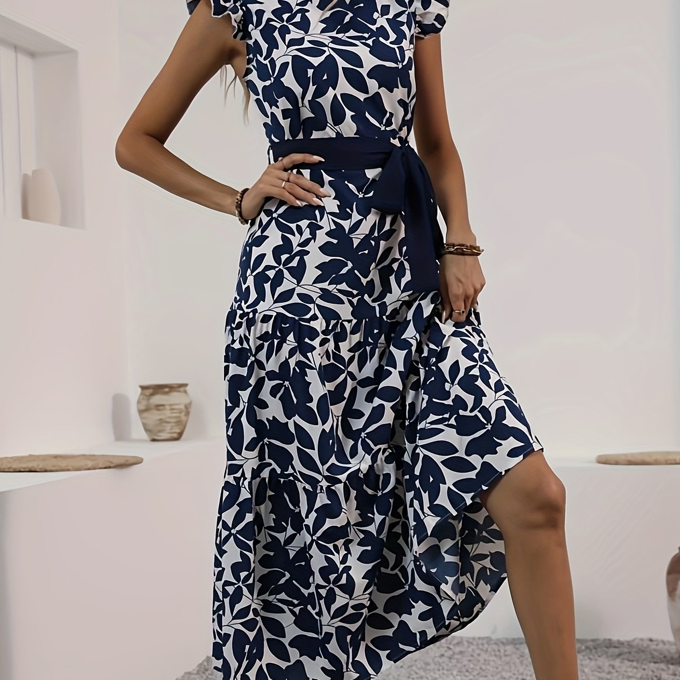 Stunning Floral Print Fit and Flare Dress - Elegant Contrast Collar, Belted Waist, Polyester Material, Random Printing, Middle East Style, Perfect for Summer - Womens Clothing for Adult