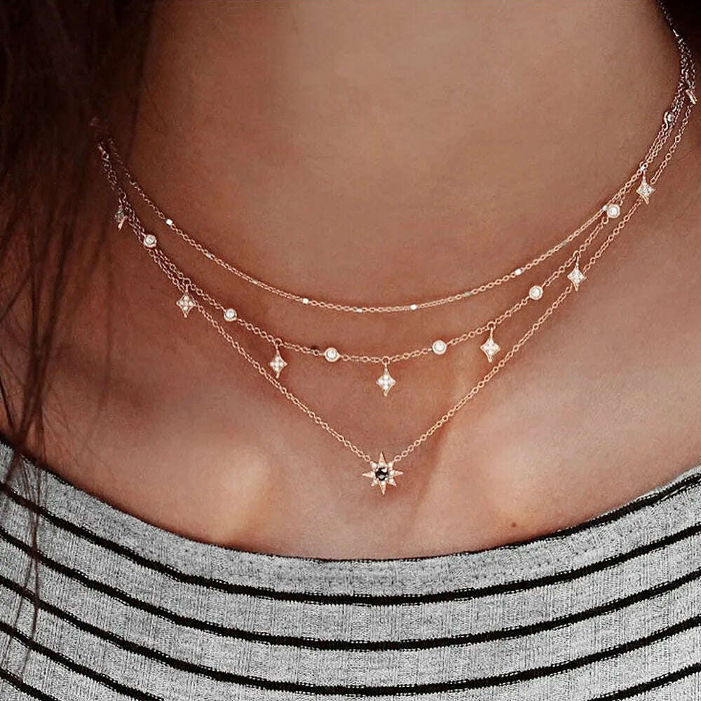 KIMLUD, Dainty 925 Sterling Silver Cz White Round Delicate Layer Choker Necklace Hot Fashion Elegant Jewelry For Women Wedding Gift, KIMLUD Womens Clothes