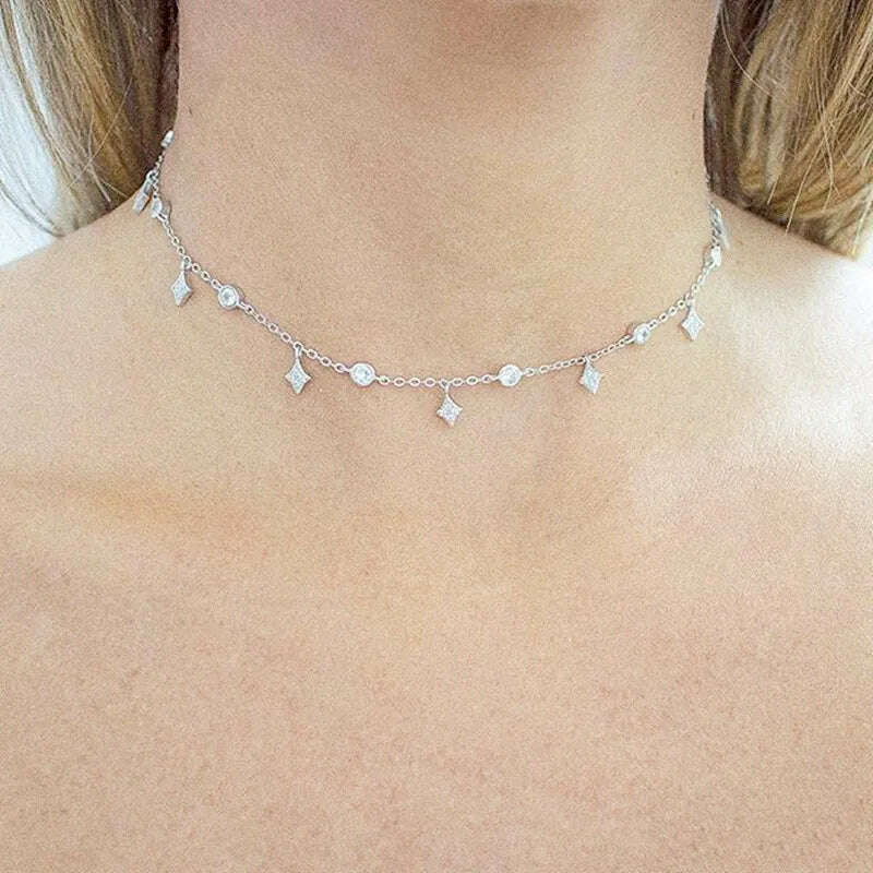 KIMLUD, Dainty 925 Sterling Silver Cz White Round Delicate Layer Choker Necklace Hot Fashion Elegant Jewelry For Women Wedding Gift, KIMLUD Womens Clothes