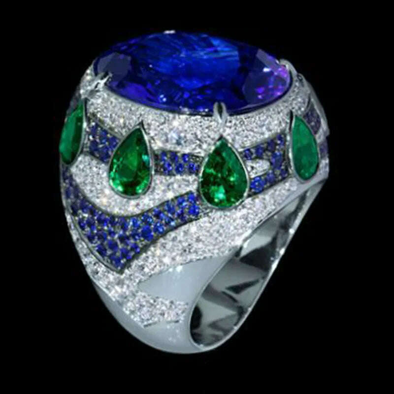 KIMLUD, Dainty Blue Crystal Princess Rings for Women Water Droplets Green Zircon Engagement Finger Ring Ladys Fashion Boho Jewelry Bague, KIMLUD Womens Clothes