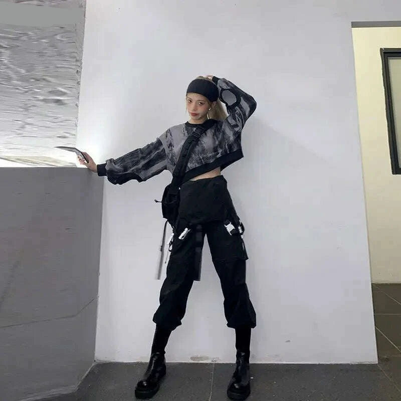 KIMLUD, Dark Gothic Techwear Women Cargo Pants Harajuku Streetwear Black High Waist Trousers Female Mall Goth Emo Detachable Shorts 2023, KIMLUD Womens Clothes
