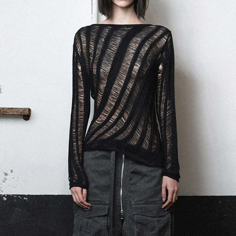 KIMLUD, Darlingaga Grunge Fashion Thin Ripped Sweaters for Women Hole Transparent Autumn Pullover Knitting Casual Loose Jumper Fairycore, KIMLUD Womens Clothes