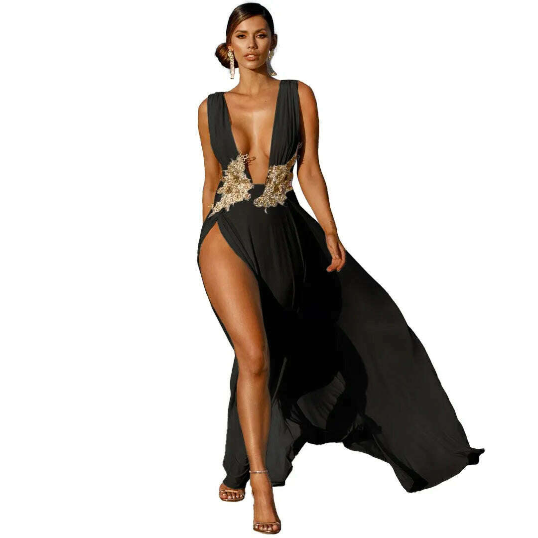 KIMLUD, DEARIRIS Women Sexy Floral Sequins Bare Back Deep V High Slit Wedding Party Evening Dress, KIMLUD Womens Clothes