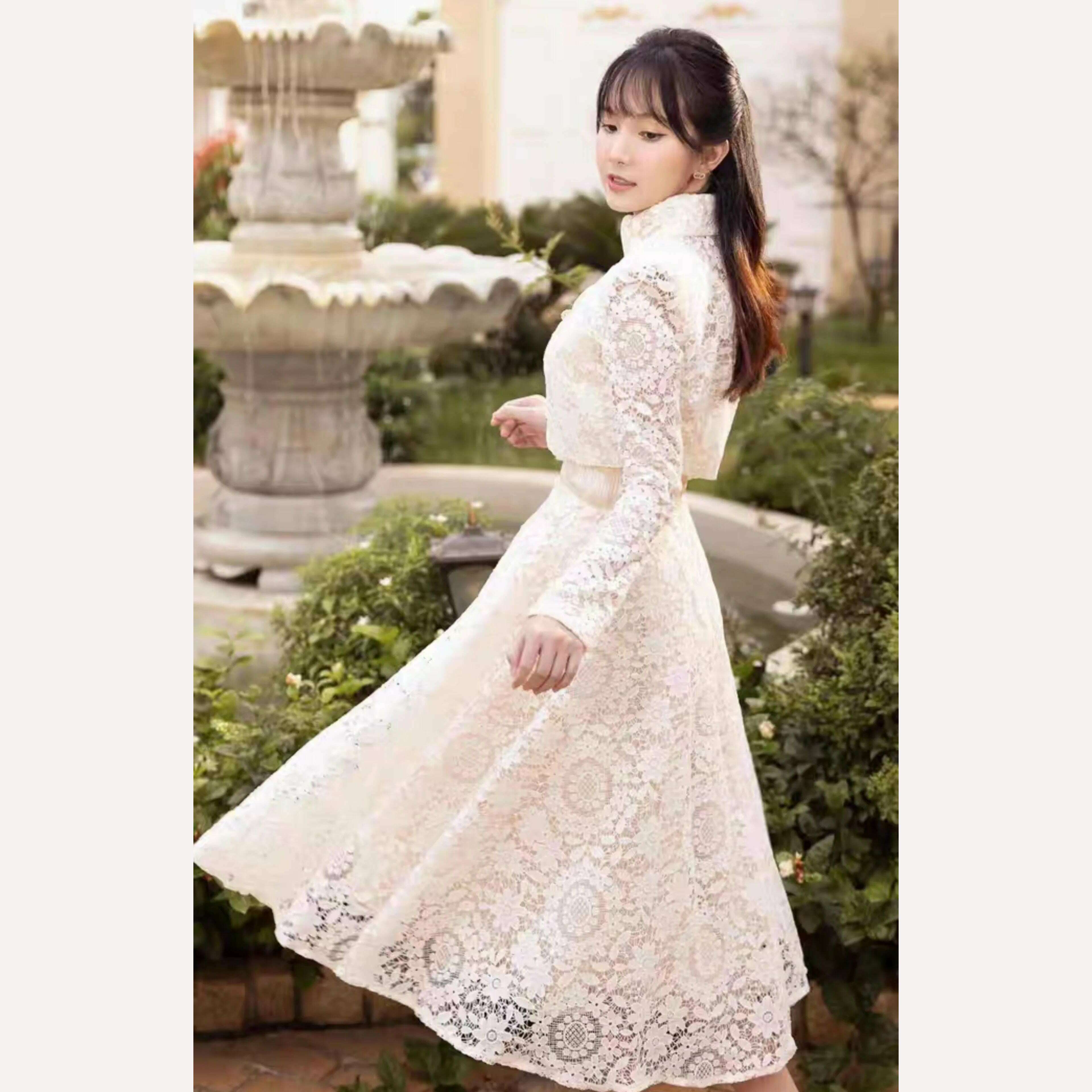KIMLUD, DEAT 2 Pcs Set Mandarin Collar Lace Hollow Out Short Elastic Waist Folds Mid-calf Womes Suit Spring 2024 New Fashion 13DB4149, KIMLUD Womens Clothes