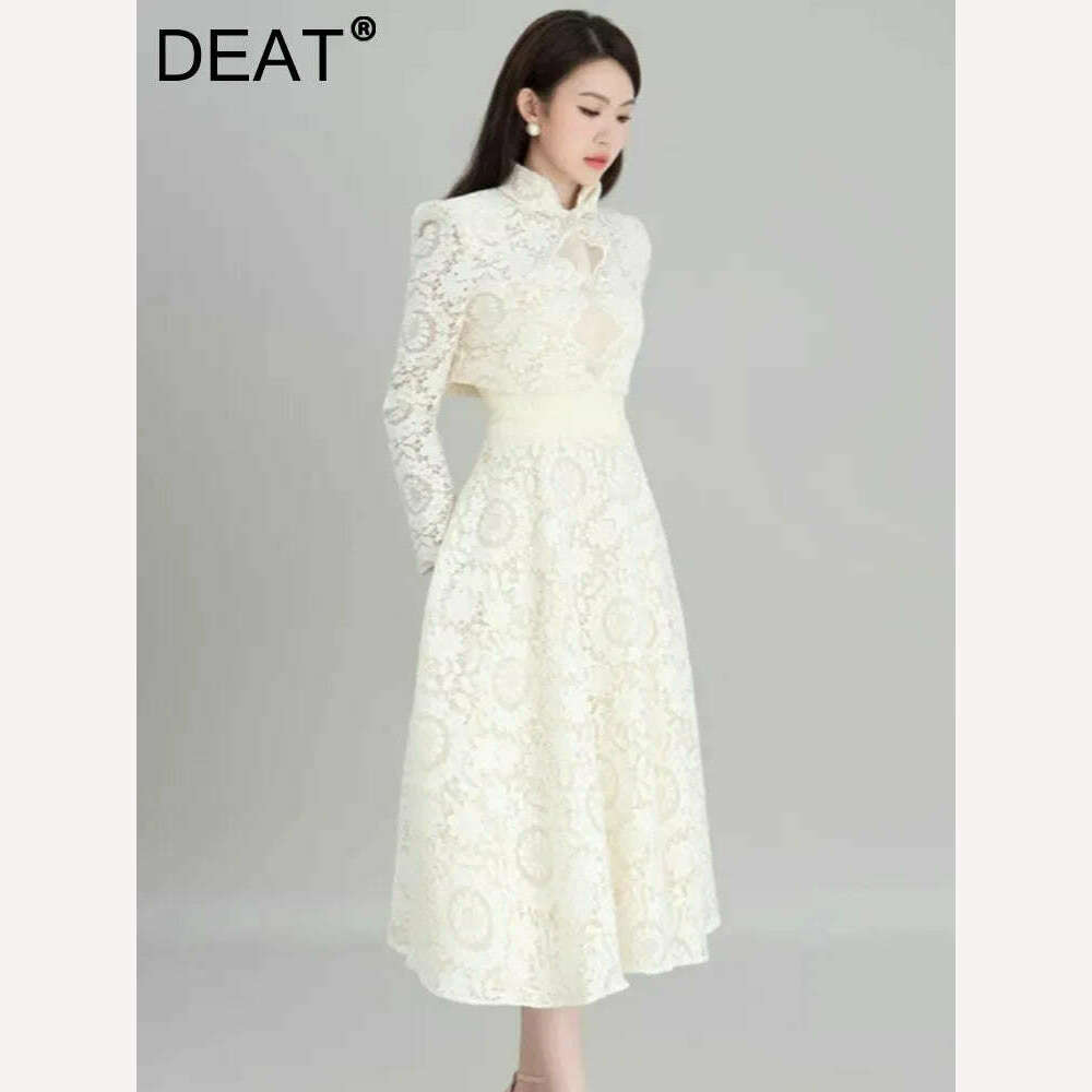 KIMLUD, DEAT 2 Pcs Set Mandarin Collar Lace Hollow Out Short Elastic Waist Folds Mid-calf Womes Suit Spring 2024 New Fashion 13DB4149, KIMLUD Womens Clothes