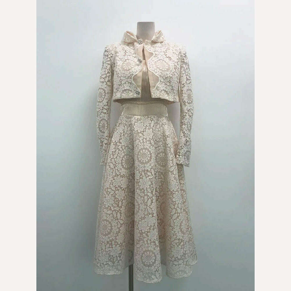 KIMLUD, DEAT 2 Pcs Set Mandarin Collar Lace Hollow Out Short Elastic Waist Folds Mid-calf Womes Suit Spring 2024 New Fashion 13DB4149, KIMLUD Womens Clothes