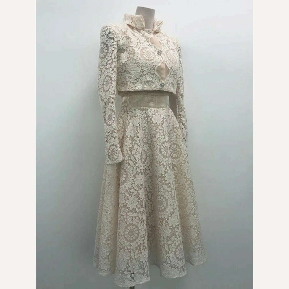 KIMLUD, DEAT 2 Pcs Set Mandarin Collar Lace Hollow Out Short Elastic Waist Folds Mid-calf Womes Suit Spring 2024 New Fashion 13DB4149, KIMLUD Womens Clothes
