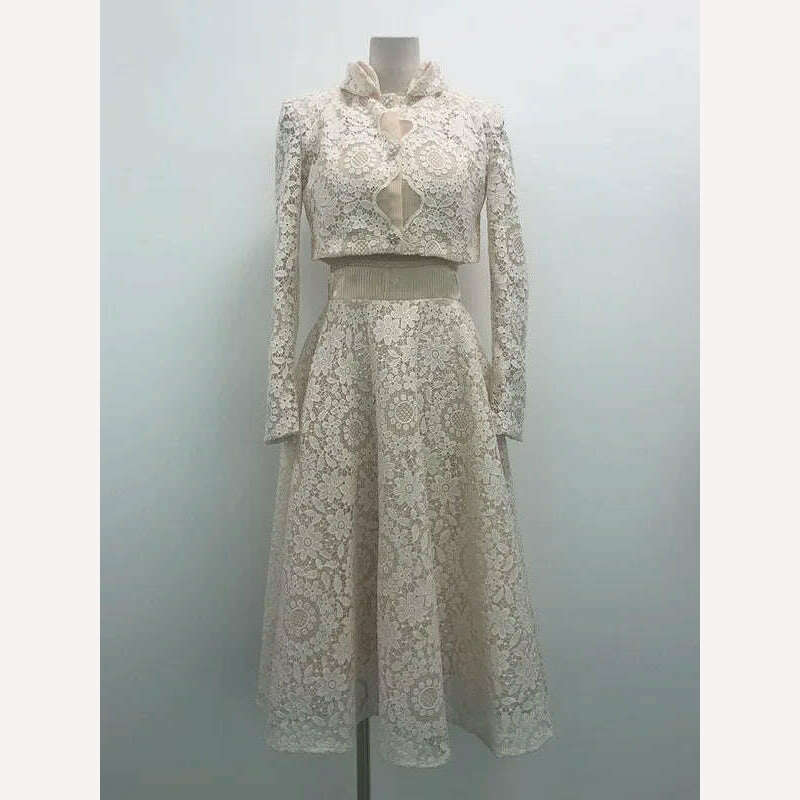 KIMLUD, DEAT 2 Pcs Set Mandarin Collar Lace Hollow Out Short Elastic Waist Folds Mid-calf Womes Suit Spring 2024 New Fashion 13DB4149, Apricot / S, KIMLUD APPAREL - Womens Clothes