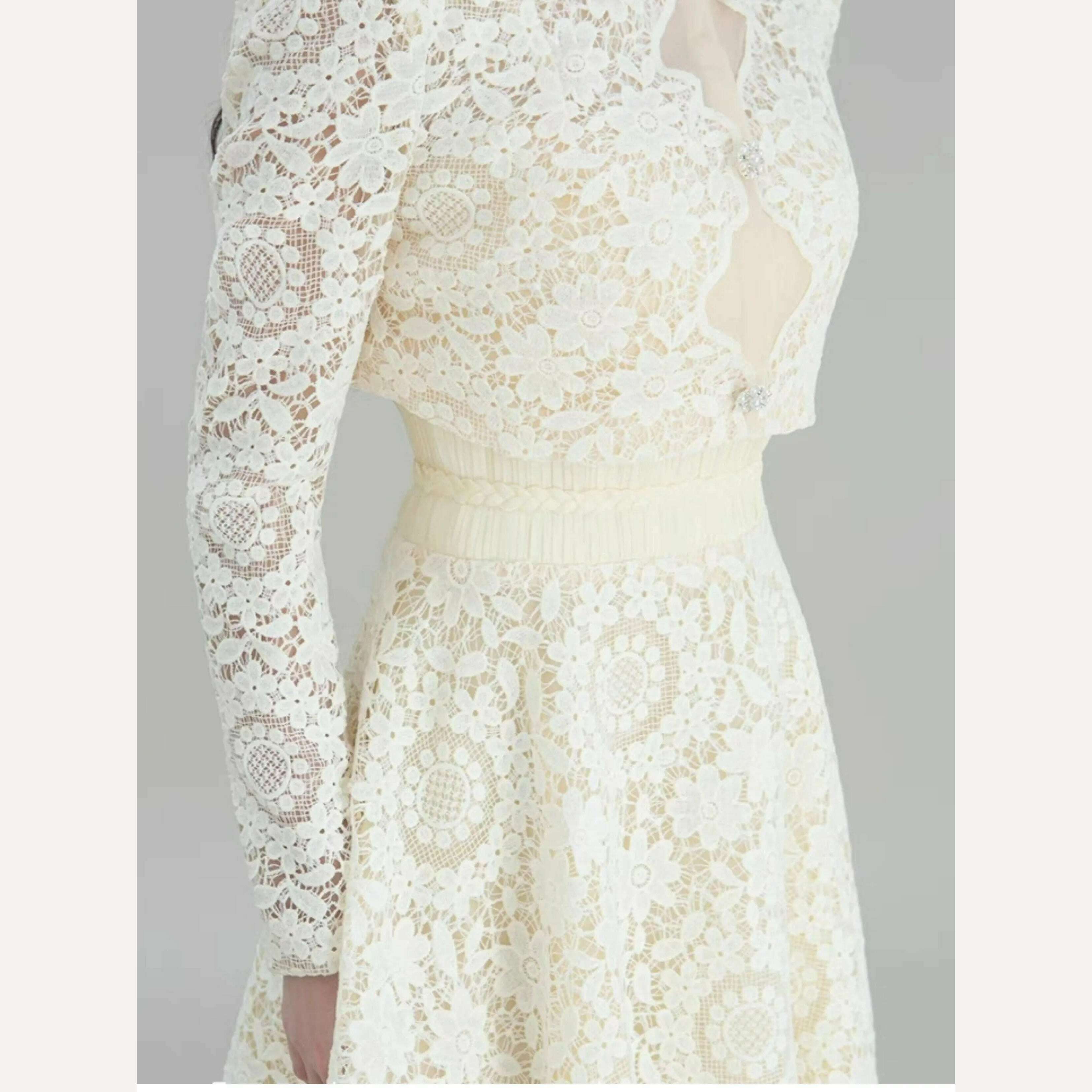 KIMLUD, DEAT 2 Pcs Set Mandarin Collar Lace Hollow Out Short Elastic Waist Folds Mid-calf Womes Suit Spring 2024 New Fashion 13DB4149, KIMLUD Womens Clothes