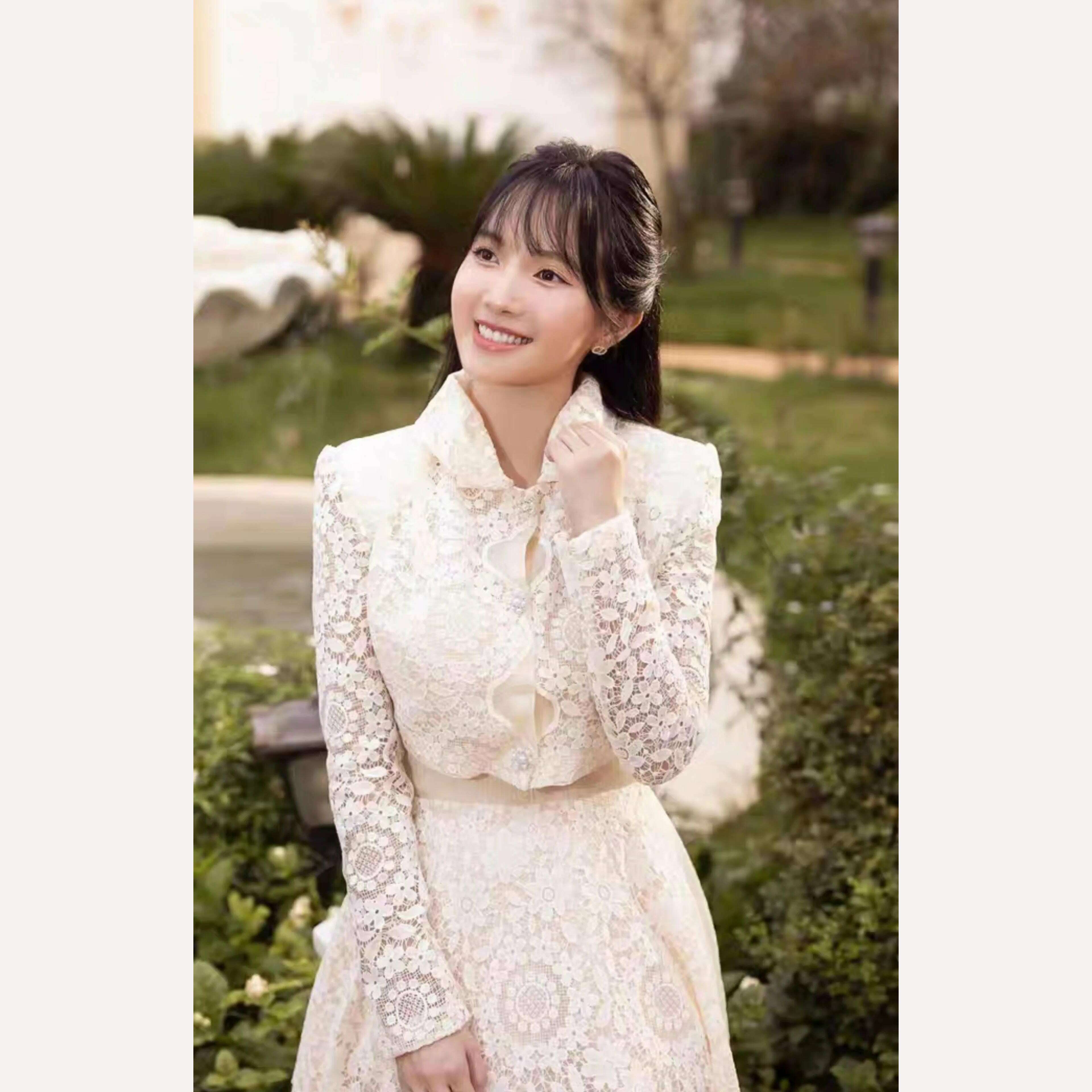 KIMLUD, DEAT 2 Pcs Set Mandarin Collar Lace Hollow Out Short Elastic Waist Folds Mid-calf Womes Suit Spring 2024 New Fashion 13DB4149, KIMLUD Womens Clothes