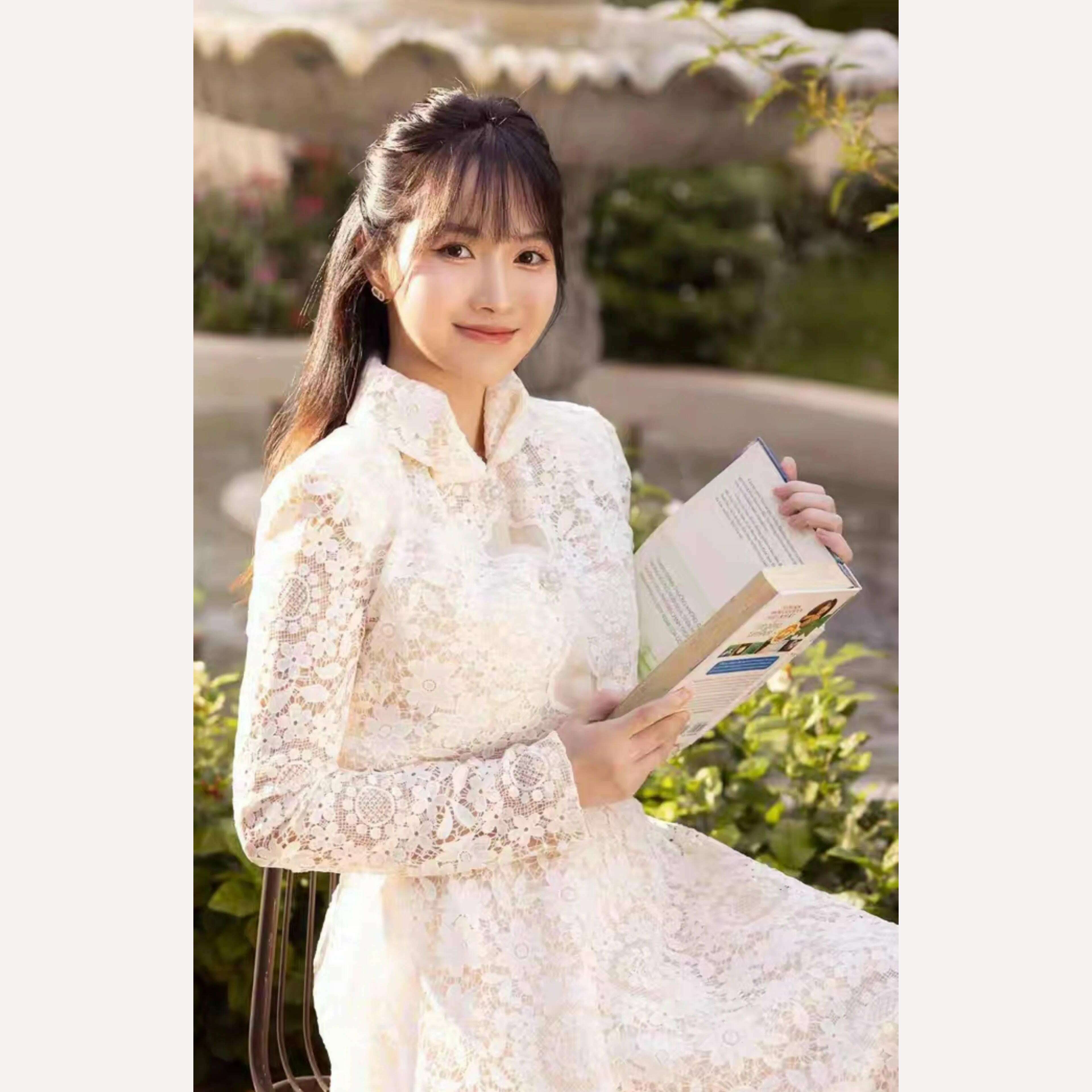 KIMLUD, DEAT 2 Pcs Set Mandarin Collar Lace Hollow Out Short Elastic Waist Folds Mid-calf Womes Suit Spring 2024 New Fashion 13DB4149, KIMLUD Womens Clothes
