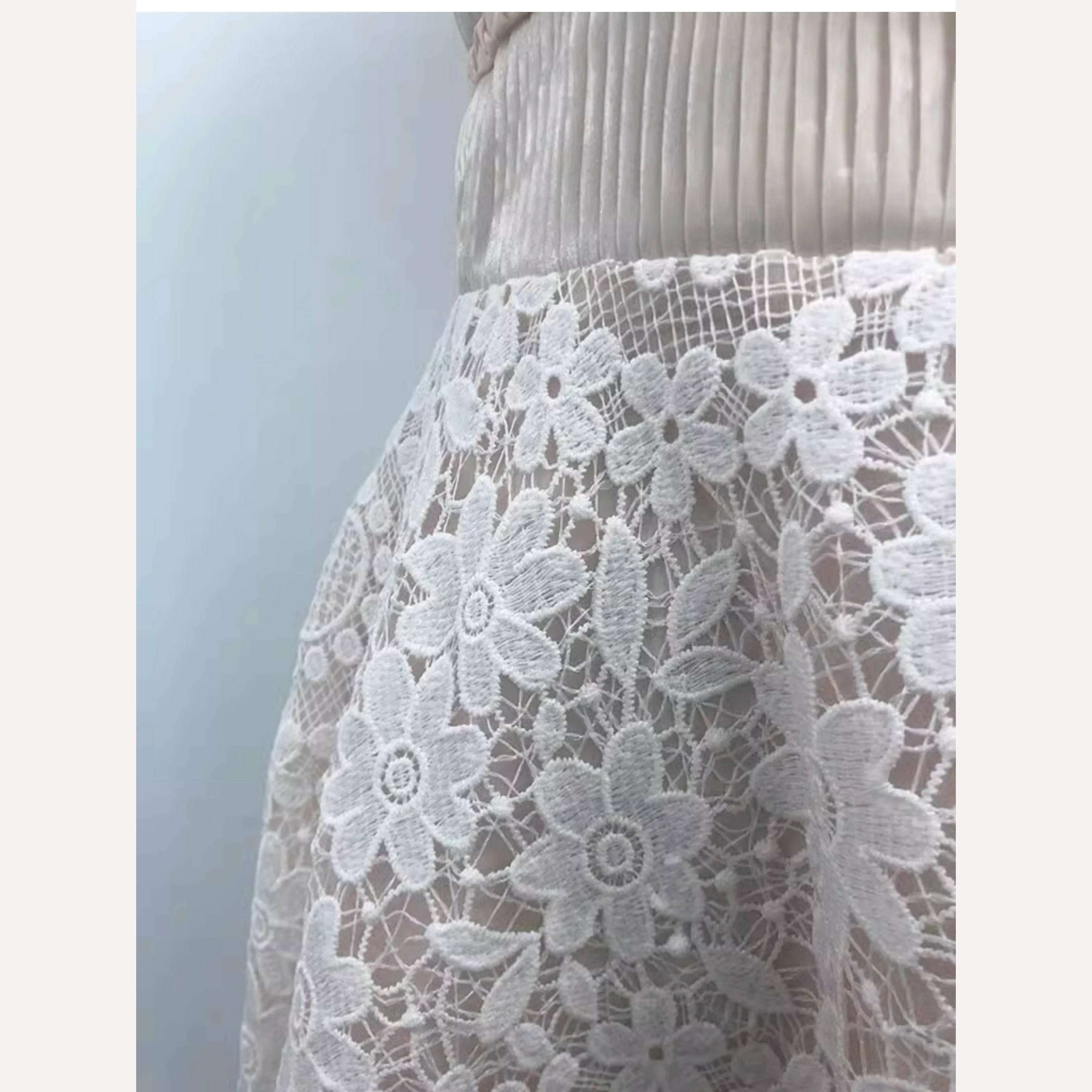 KIMLUD, DEAT 2 Pcs Set Mandarin Collar Lace Hollow Out Short Elastic Waist Folds Mid-calf Womes Suit Spring 2024 New Fashion 13DB4149, KIMLUD Womens Clothes