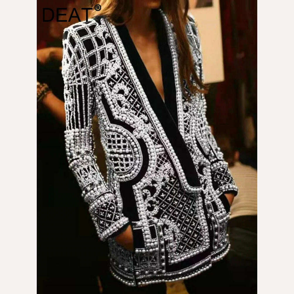 DEAT 2022 Autumn And Autumn New Fashion fit V-Neck Patchwork Long Sleeve Thickened Suit Top Printed Women&#39;s Coat - KIMLUD