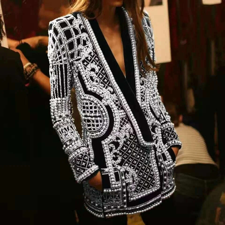 DEAT 2022 Autumn And Autumn New Fashion fit V-Neck Patchwork Long Sleeve Thickened Suit Top Printed Women&#39;s Coat - KIMLUD