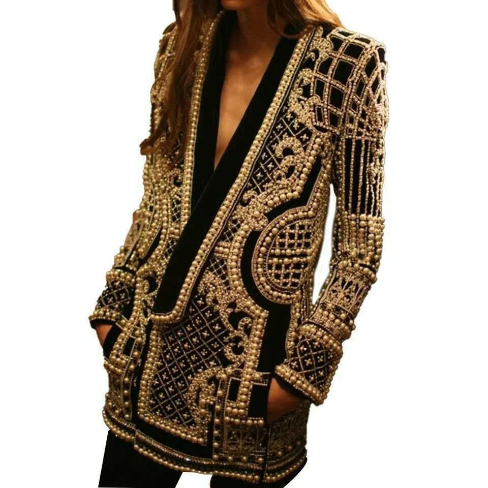 KIMLUD, DEAT 2022 Autumn And Autumn New Fashion fit V-Neck Patchwork Long Sleeve Thickened Suit Top Printed Women&#39;s Coat, Pattern Color / S, KIMLUD Womens Clothes