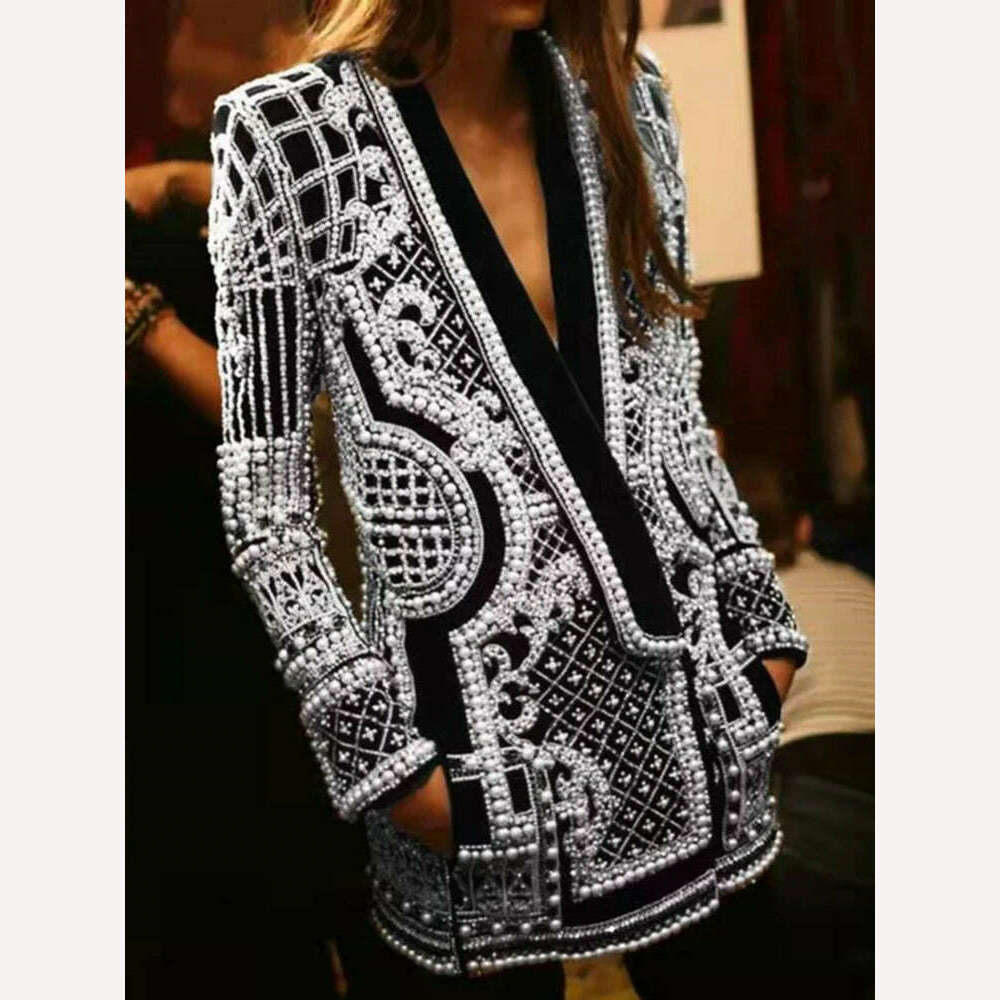 DEAT 2022 Autumn And Autumn New Fashion fit V-Neck Patchwork Long Sleeve Thickened Suit Top Printed Women&#39;s Coat - KIMLUD