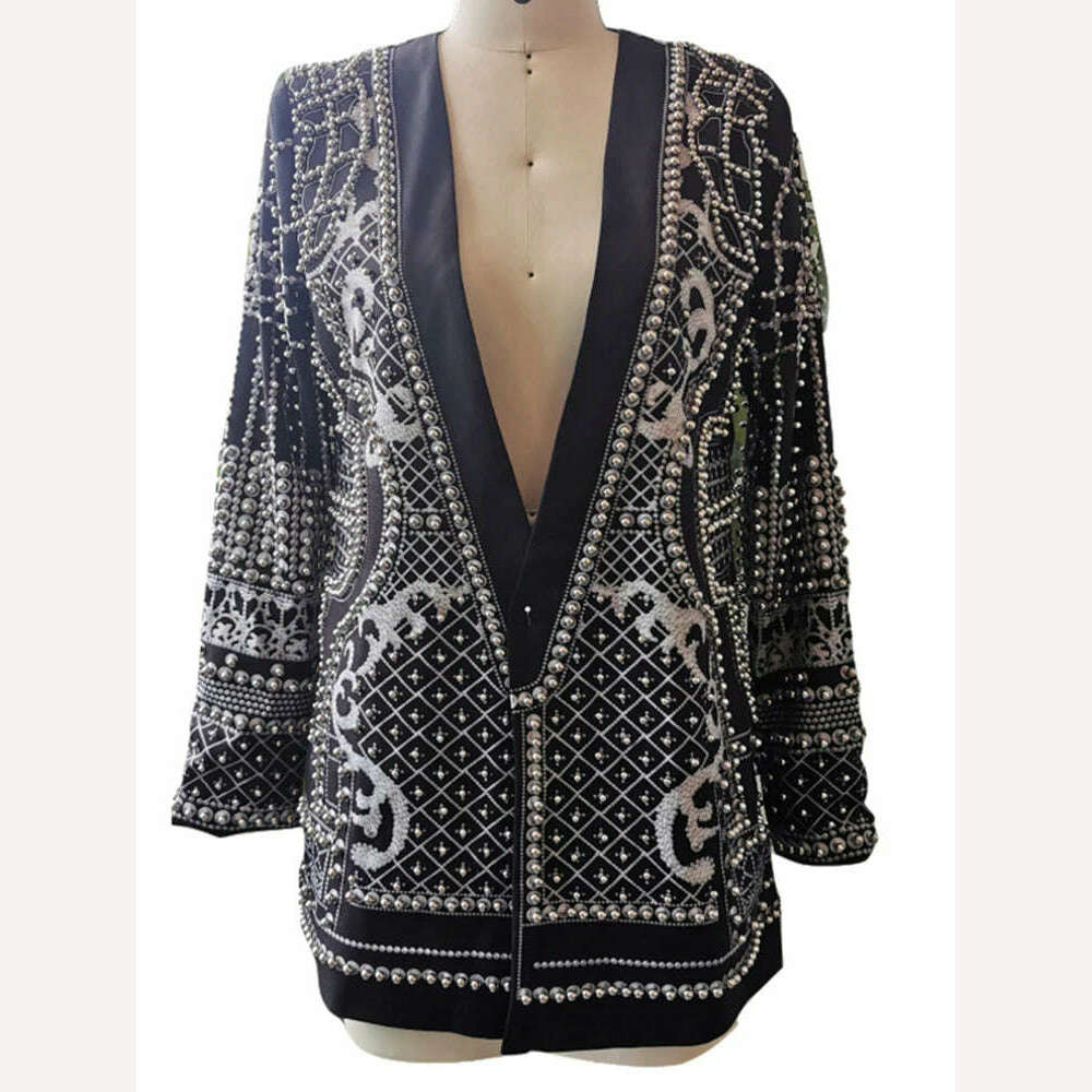 DEAT 2022 Autumn And Autumn New Fashion fit V-Neck Patchwork Long Sleeve Thickened Suit Top Printed Women&#39;s Coat - KIMLUD