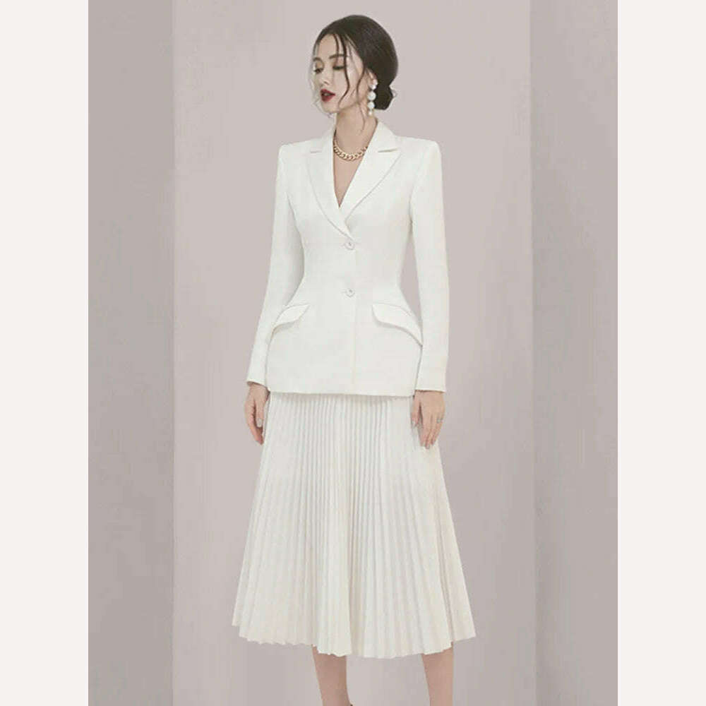 KIMLUD, DEAT 2024 Autumn Women Blazer 2 Pieces Set Full Sleeve Solid Color Coat Folds High Waist Skirt Elegant Female Fashion 15G7260, Beige / M, KIMLUD Womens Clothes