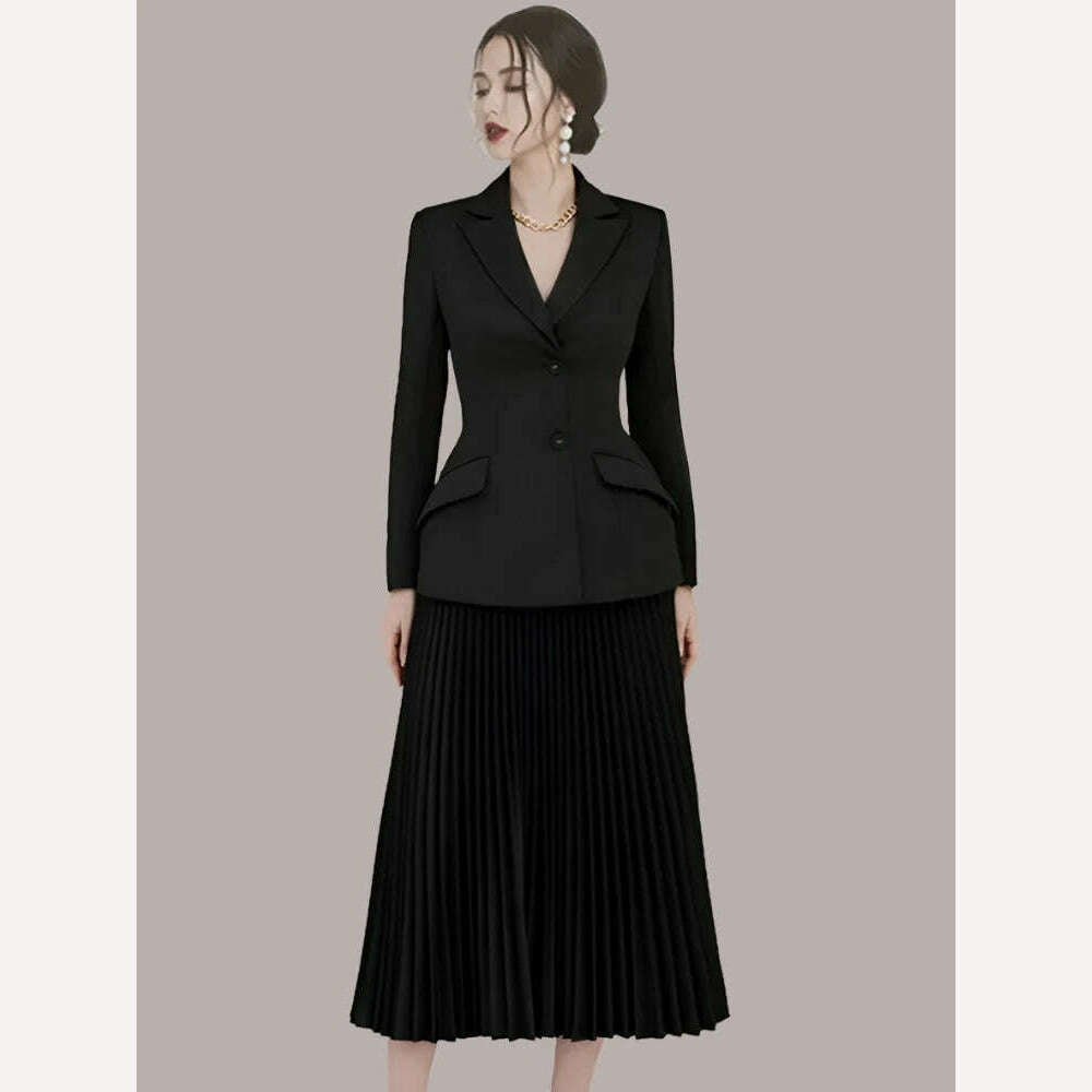 KIMLUD, DEAT 2024 Autumn Women Blazer 2 Pieces Set Full Sleeve Solid Color Coat Folds High Waist Skirt Elegant Female Fashion 15G7260, KIMLUD Womens Clothes