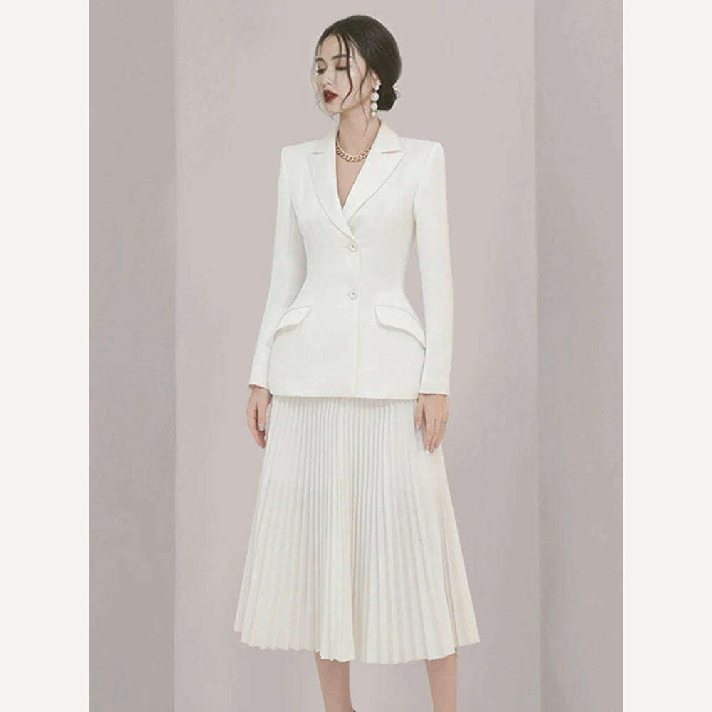 KIMLUD, DEAT 2024 Autumn Women Blazer 2 Pieces Set Full Sleeve Solid Color Coat Folds High Waist Skirt Elegant Female Fashion 15G7260, KIMLUD Womens Clothes