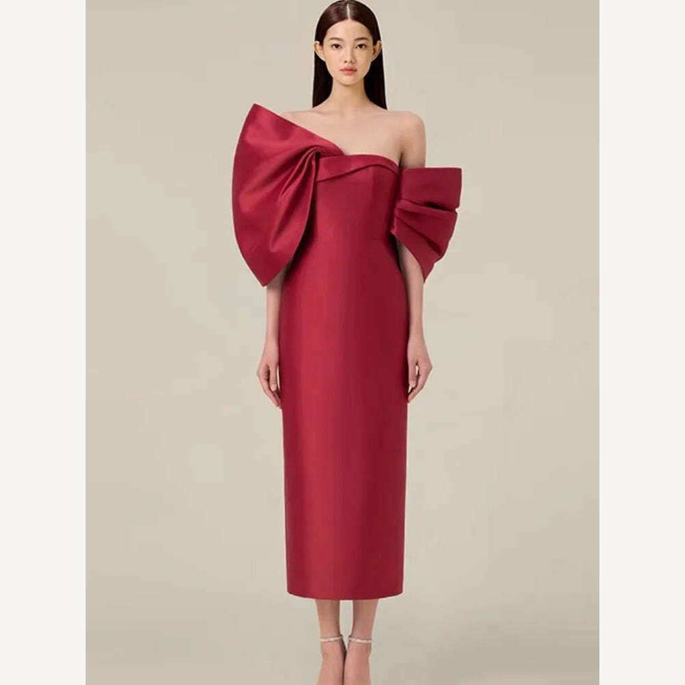 DEAT Big Bow Evening Dress Contrast Color Backless Zipper Slim Split Women Strapless Dresses 2024 Summer New Fashion 13DB3947 - KIMLUD