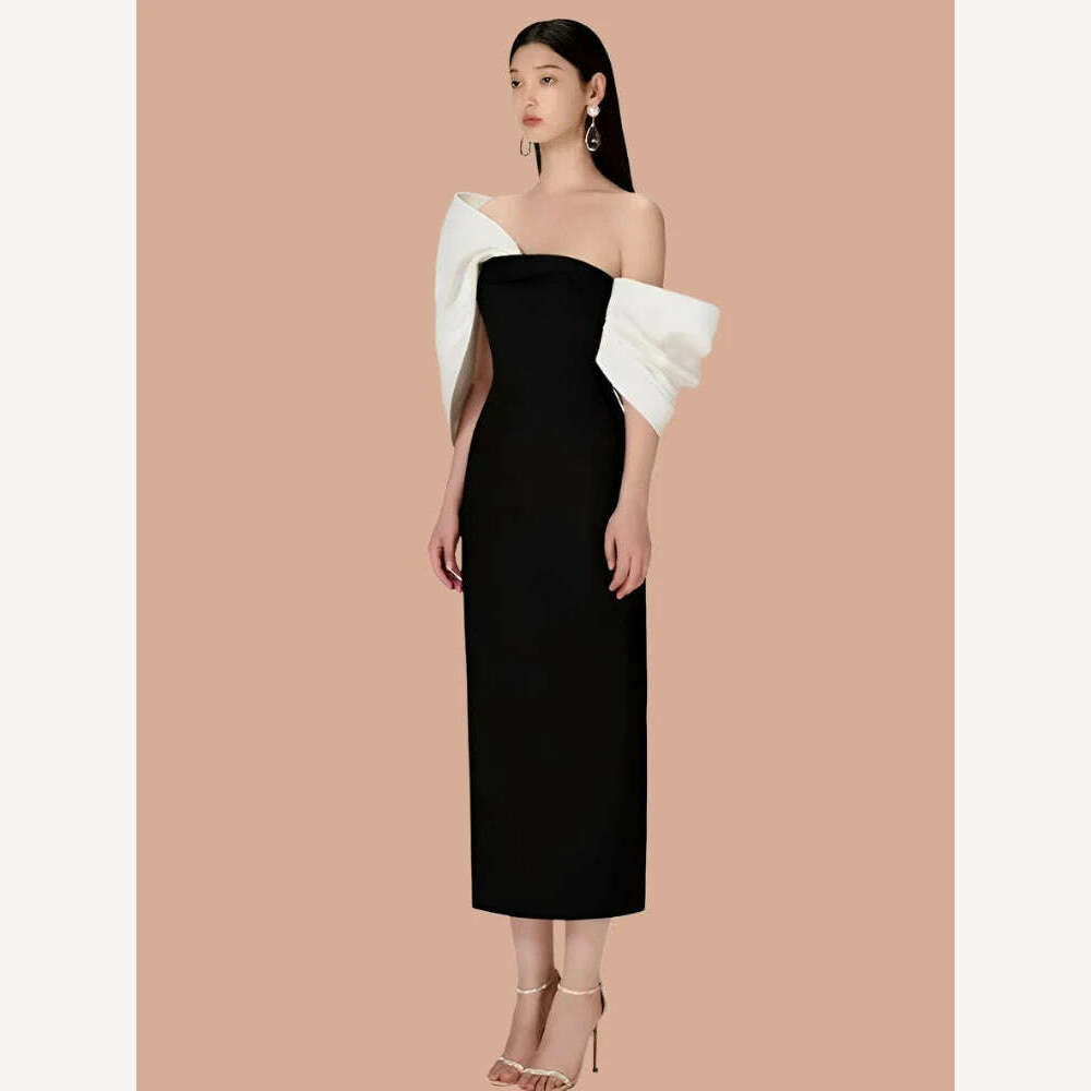DEAT Big Bow Evening Dress Contrast Color Backless Zipper Slim Split Women Strapless Dresses 2024 Summer New Fashion 13DB3947 - KIMLUD