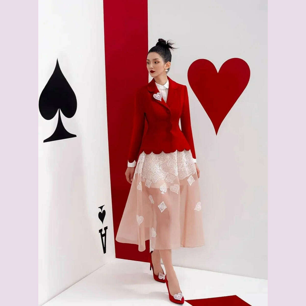 DEAT Elegant 2 Pcs Set Heart Red Notched Collar Wavy Edge Blazer Embroidery Gauze Women's Suits 2024 Autumn New Fashion 13DB3597 - KIMLUD