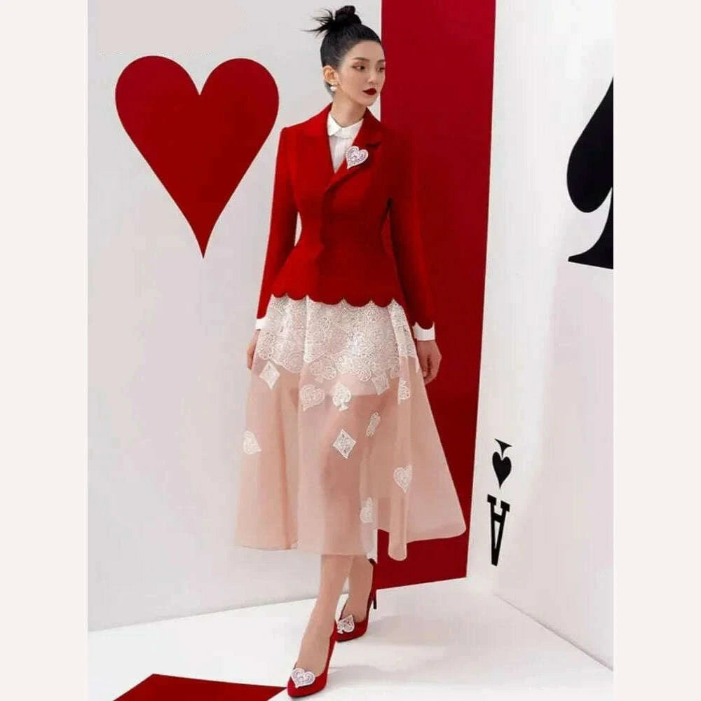 KIMLUD, DEAT Elegant 2 Pcs Set Heart Red Notched Collar Wavy Edge Blazer Embroidery Gauze Women's Suits 2024 Spring New Fashion 13DB3597, KIMLUD Womens Clothes