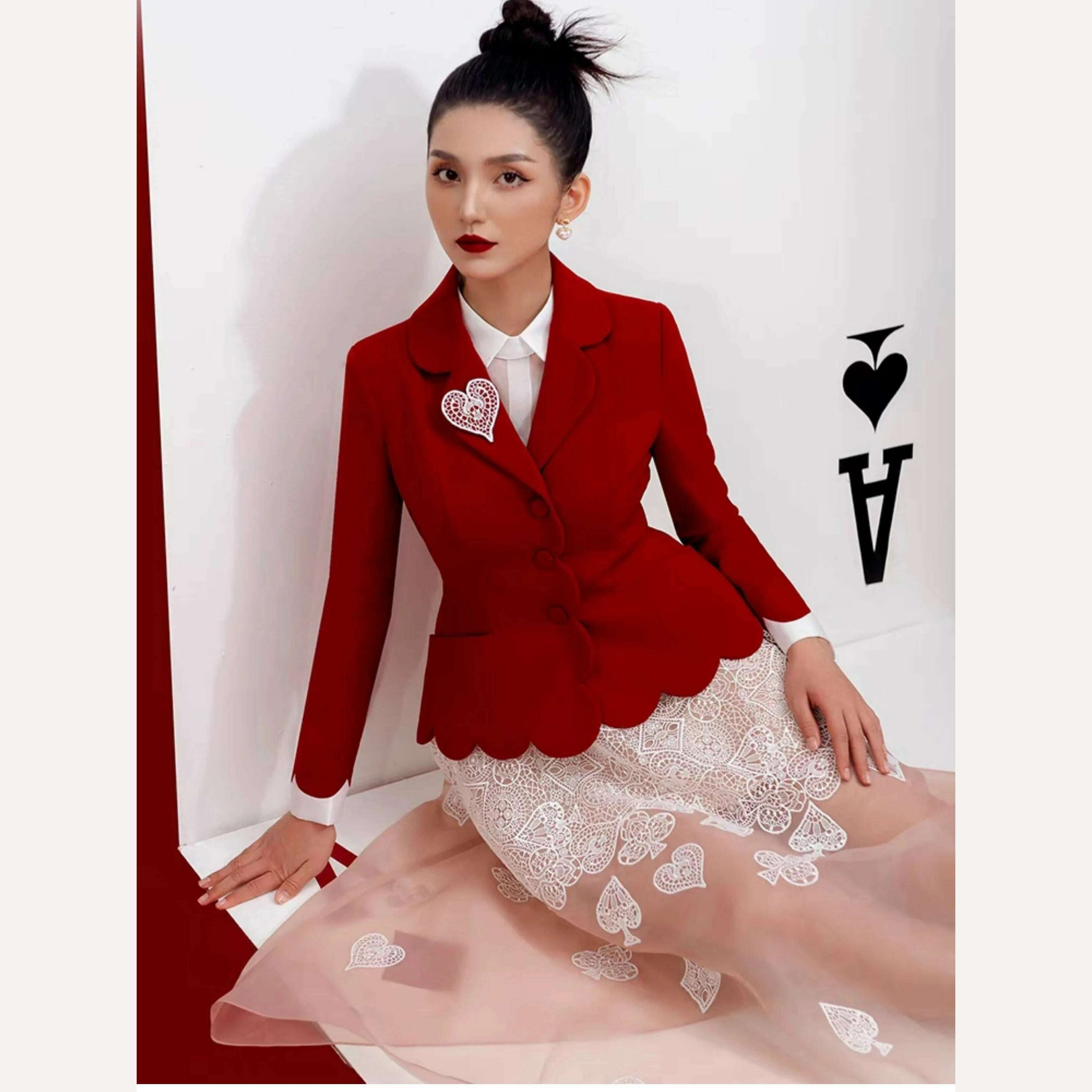 KIMLUD, DEAT Elegant 2 Pcs Set Heart Red Notched Collar Wavy Edge Blazer Embroidery Gauze Women's Suits 2024 Spring New Fashion 13DB3597, KIMLUD Womens Clothes