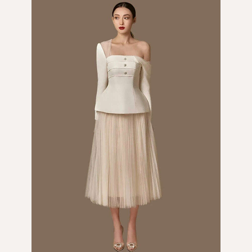 DEAT Elegant 2 Pcs Set Mesh Patchwork Skew Collar Off Shoulder Coat High Waist Pleated Skirt Women Suit 2024 Summer New 13DB3390 - KIMLUD