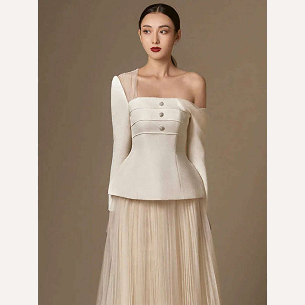 DEAT Elegant 2 Pcs Set Mesh Patchwork Skew Collar Off Shoulder Coat High Waist Pleated Skirt Women Suit 2024 Summer New 13DB3390 - KIMLUD